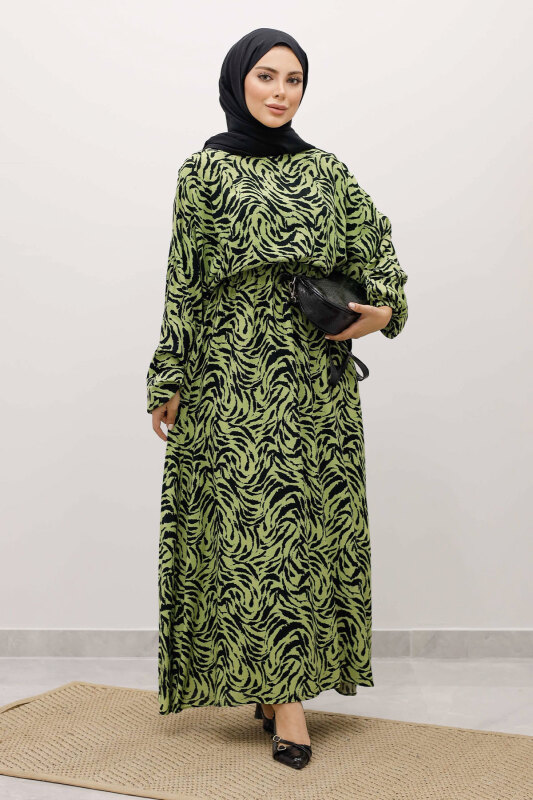 Beli Lastikli Yarasa Kol Viskon Elbise TSD250235 Fıstık Yeşili - 1