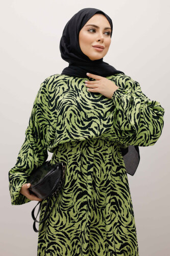 Beli Lastikli Yarasa Kol Viskon Elbise TSD250235 Fıstık Yeşili - 2