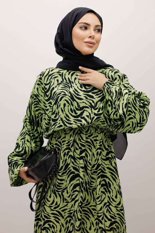 Beli Lastikli Yarasa Kol Viskon Elbise TSD250235 Fıstık Yeşili - 2