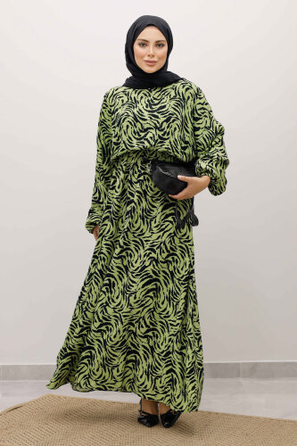 Beli Lastikli Yarasa Kol Viskon Elbise TSD250235 Fıstık Yeşili - 3