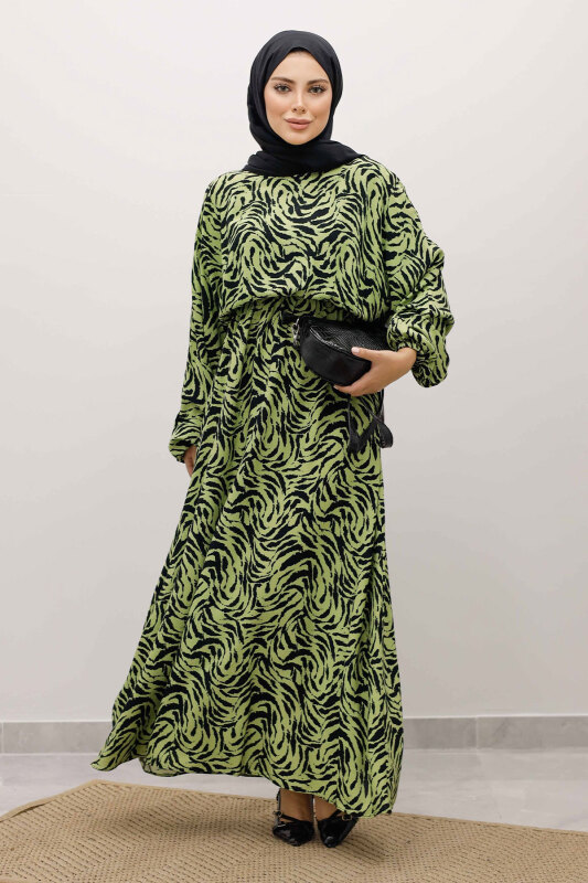 Beli Lastikli Yarasa Kol Viskon Elbise TSD250235 Fıstık Yeşili - 3