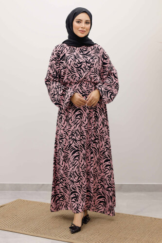 Beli Lastikli Yarasa Kol Viskon Elbise TSD250235 Pembe - 1