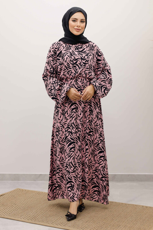 Beli Lastikli Yarasa Kol Viskon Elbise TSD250235 Pembe - 1