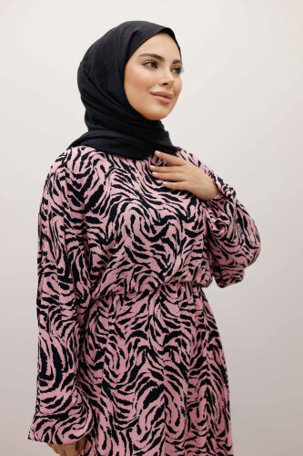 Beli Lastikli Yarasa Kol Viskon Elbise TSD250235 Pembe - 2