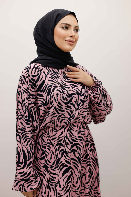 Beli Lastikli Yarasa Kol Viskon Elbise TSD250235 Pembe - 2