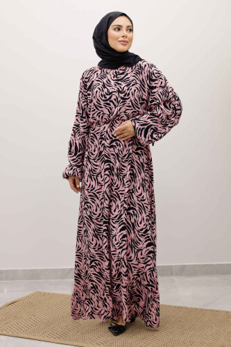 Beli Lastikli Yarasa Kol Viskon Elbise TSD250235 Pembe - 3