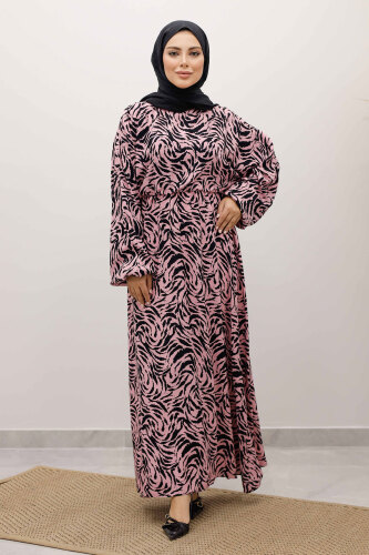 Beli Lastikli Yarasa Kol Viskon Elbise TSD250235 Pembe - 5