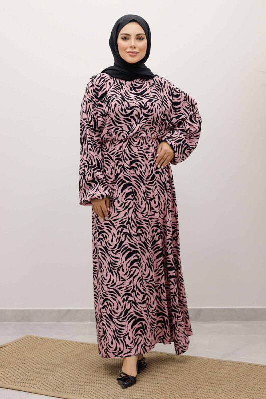 Beli Lastikli Yarasa Kol Viskon Elbise TSD250235 Pembe - 5