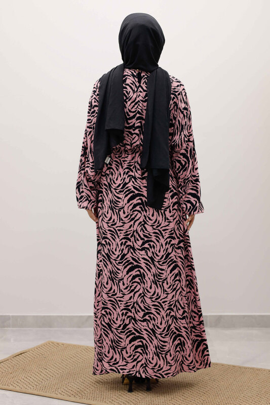 Beli Lastikli Yarasa Kol Viskon Elbise TSD250235 Pembe - 6