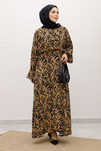 Beli Lastikli Yarasa Kol Viskon Elbise TSD250235 Taba 