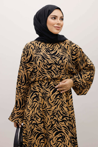 Beli Lastikli Yarasa Kol Viskon Elbise TSD250235 Taba - 2