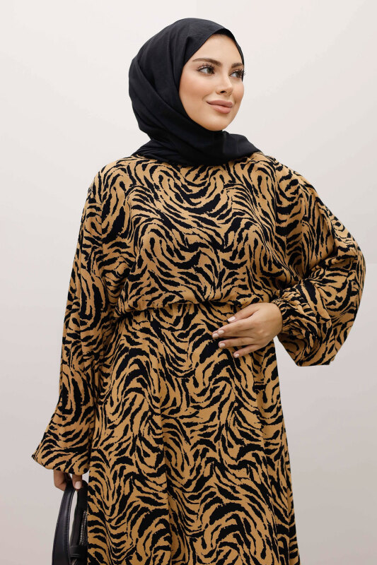 Beli Lastikli Yarasa Kol Viskon Elbise TSD250235 Taba - 2