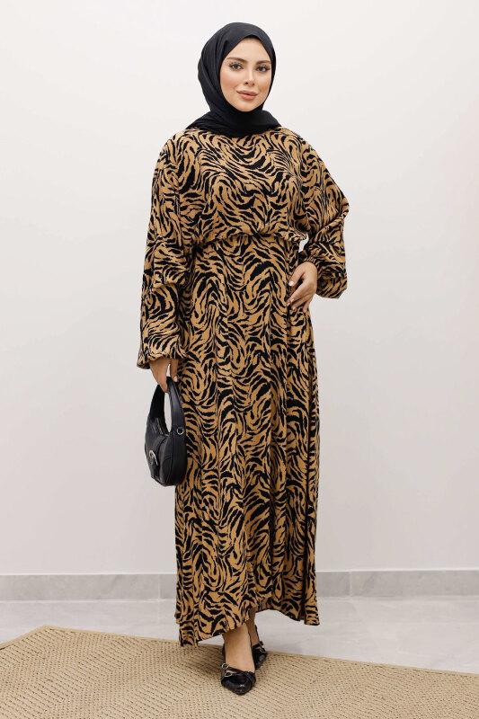 Beli Lastikli Yarasa Kol Viskon Elbise TSD250235 Taba - 3