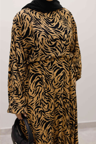 Beli Lastikli Yarasa Kol Viskon Elbise TSD250235 Taba - 4