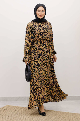 Beli Lastikli Yarasa Kol Viskon Elbise TSD250235 Taba - 5