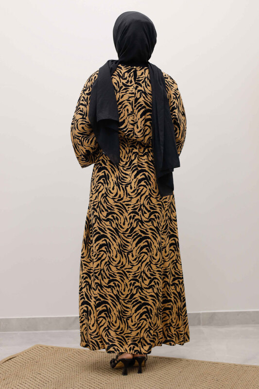 Beli Lastikli Yarasa Kol Viskon Elbise TSD250235 Taba - 6