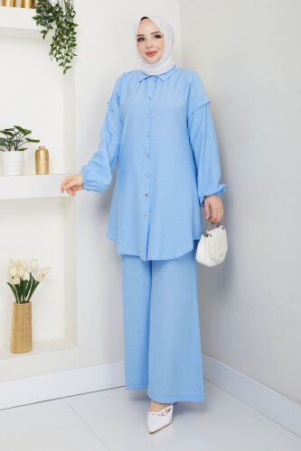 Bileği Lastikli Düğmeli İkili Takım TSD250165 Bebe Mavisi 