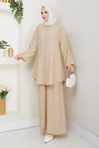 Bileği Lastikli Düğmeli İkili Takım TSD250165 Bej 