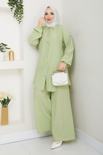 Bileği Lastikli Düğmeli İkili Takım TSD250165 Fıstık Yeşili 