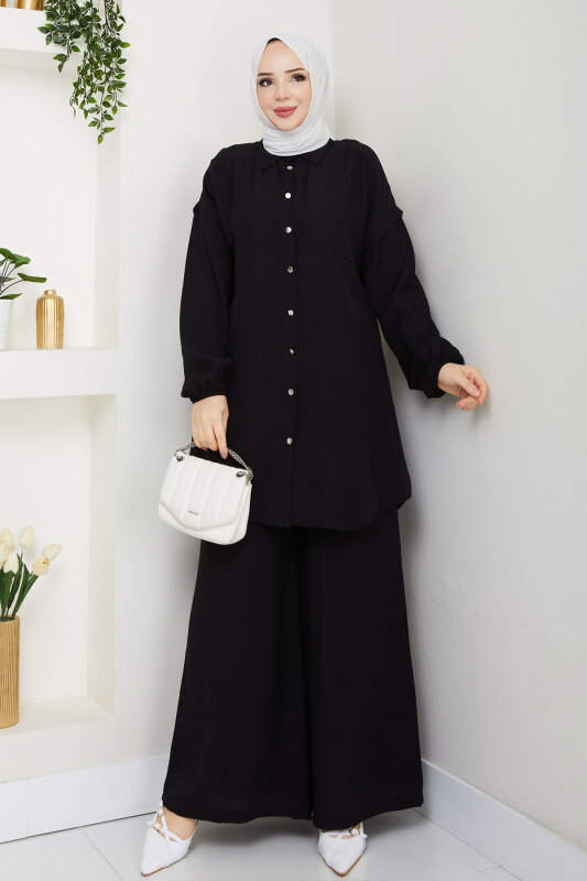 Bileği Lastikli Düğmeli İkili Takım TSD250165 Siyah - 1