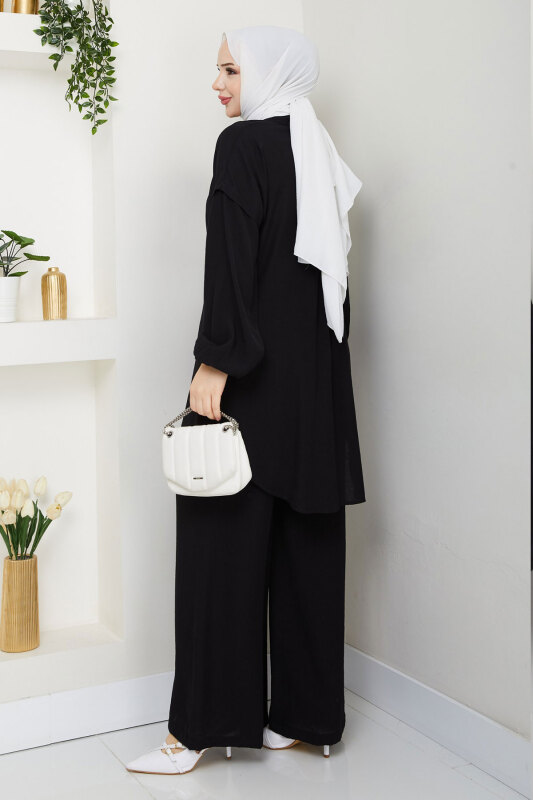 Bileği Lastikli Düğmeli İkili Takım TSD250165 Siyah - 5