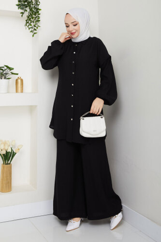 Bileği Lastikli Düğmeli İkili Takım TSD250165 Siyah - 3