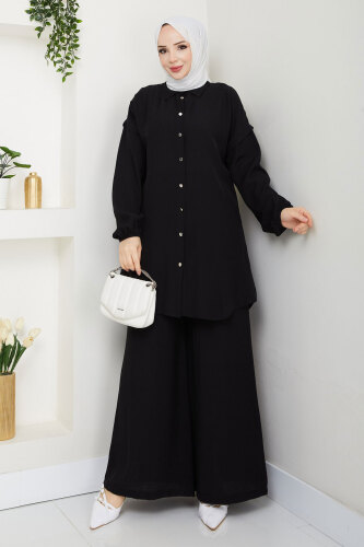 Bileği Lastikli Düğmeli İkili Takım TSD250165 Siyah - 4