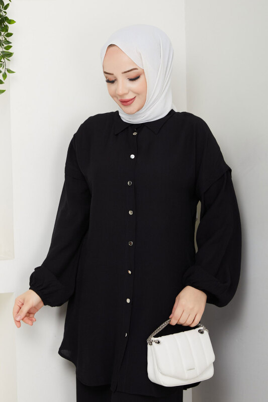 Bileği Lastikli Düğmeli İkili Takım TSD250165 Siyah - 2