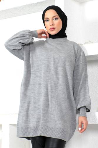 Bisiklet Yaka Triko Tunik TSD230216 Gri - Tesettür Dünyası (1)