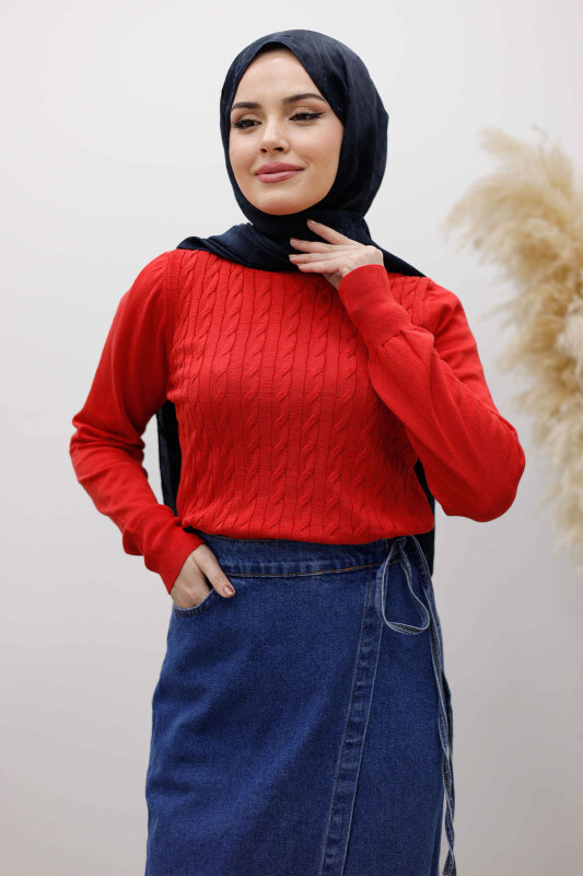Bisiklet Yaka Bluz TSD250261 Kırmızı - 1