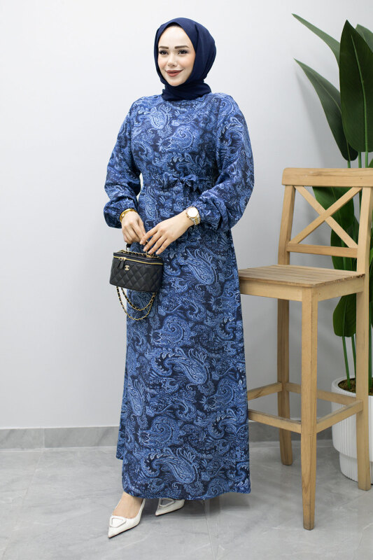 Bisiklet Yaka Şal Desenli Elbise TSD260208 Lacivert - 3