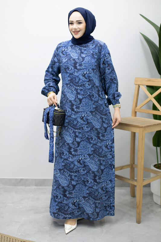 Bisiklet Yaka Şal Desenli Elbise TSD260208 Lacivert - 5