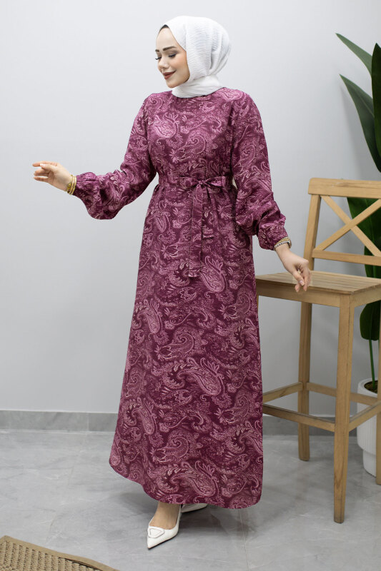 Bisiklet Yaka Şal Desenli Elbise TSD260208 Mürdüm - 3