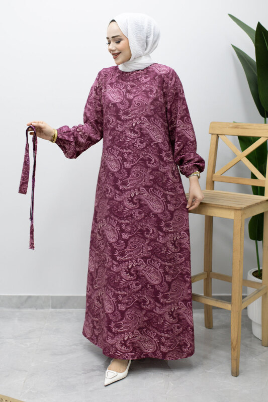 Bisiklet Yaka Şal Desenli Elbise TSD260208 Mürdüm - 5