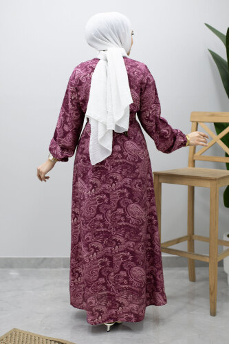Bisiklet Yaka Şal Desenli Elbise TSD260208 Mürdüm - 6