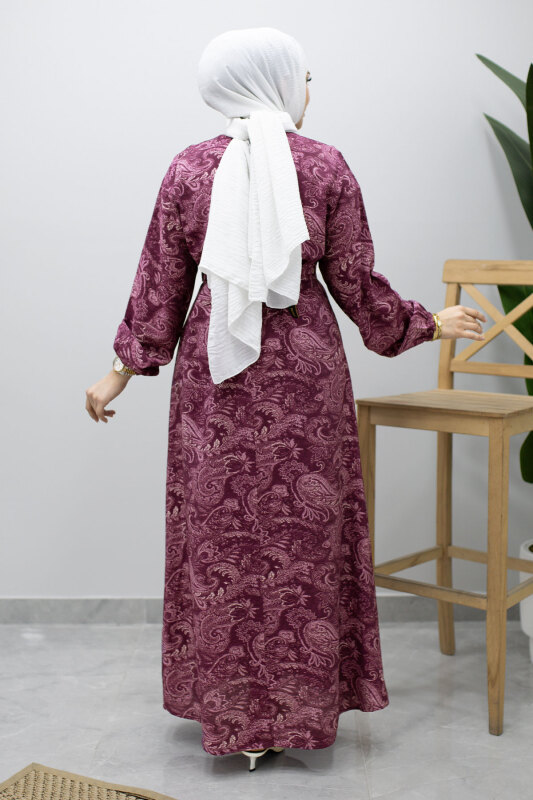 Bisiklet Yaka Şal Desenli Elbise TSD260208 Mürdüm - 6