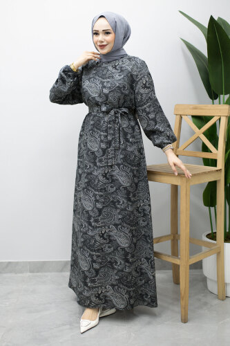 Bisiklet Yaka Şal Desenli Elbise TSD260208 Siyah - 3