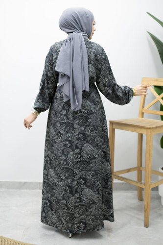 Bisiklet Yaka Şal Desenli Elbise TSD260208 Siyah - 6
