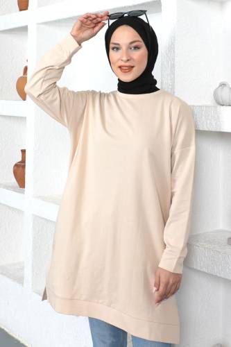 Bisiklet Yaka Sweatshirt TSD230345 Bej - Tesettür Dünyası (1)