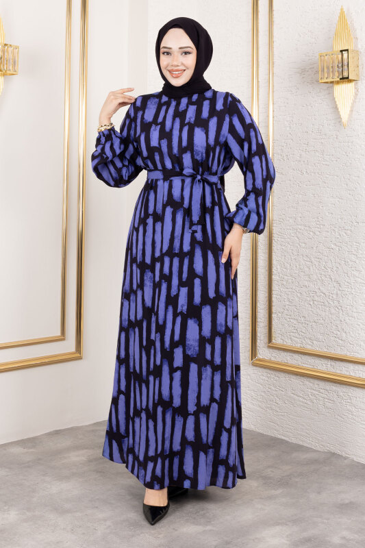 Bisiklet Yaka Viskon Elbise TSD250218 Mor - 1