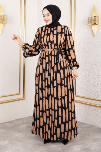 Bisiklet Yaka Viskon Elbise TSD250218 Taba 