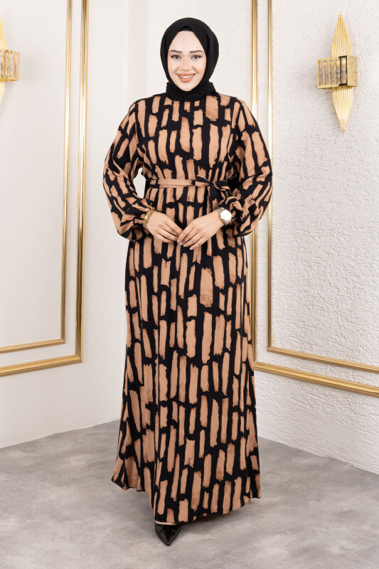 Bisiklet Yaka Viskon Elbise TSD250218 Taba - 3