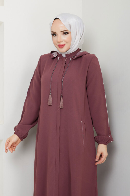 Biye Detaylı Kapüşonlu Ferace TSD250124 Gül Kurusu - Tesettür Dünyası (1)