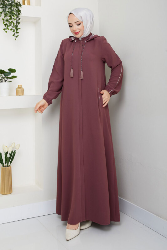 Biye Detaylı Kapüşonlu Ferace TSD250124 Gül Kurusu - 3