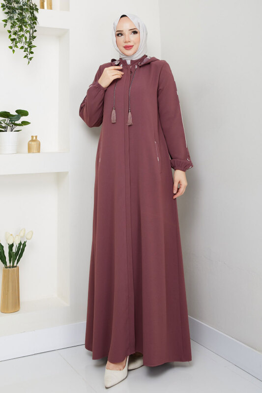 Biye Detaylı Kapüşonlu Ferace TSD250124 Gül Kurusu - Tesettür Dünyası