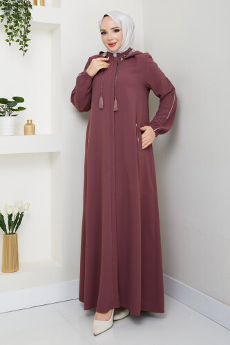 Biye Detaylı Kapüşonlu Ferace TSD250124 Gül Kurusu - 4