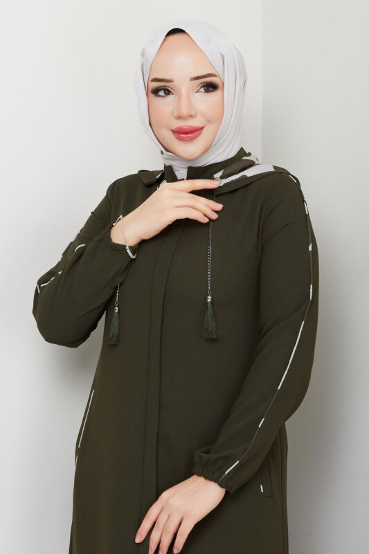 Biye Detaylı Kapüşonlu Ferace TSD250124 Haki - Tesettür Dünyası (1)