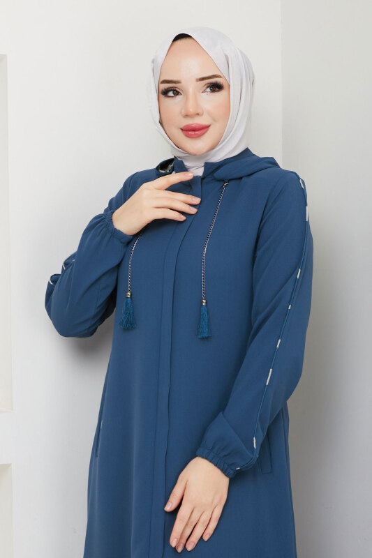 Biye Detaylı Kapüşonlu Ferace TSD250124 İndigo - Tesettür Dünyası (1)