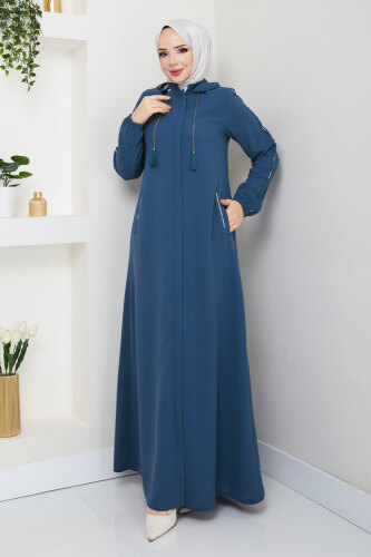 Biye Detaylı Kapüşonlu Ferace TSD250124 İndigo 