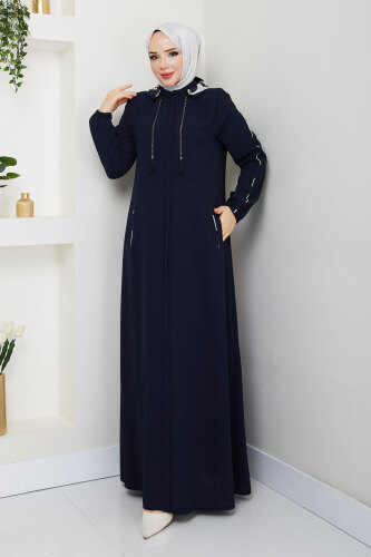 Biye Detaylı Kapüşonlu Ferace TSD250124 Lacivert 